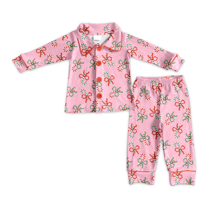 9.11  GLP2813 Baby Girls Candy Cane Bows Button Top Pant Christmas Pajamas Sets Preorder