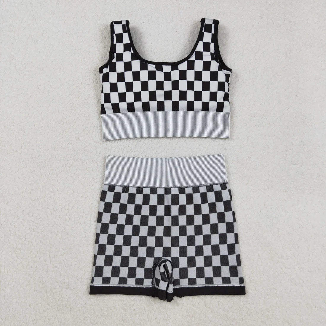 9.13 GT1189+SS0644 Adult Women Black Checkered Crop Bra Top Shorts Yoga Outfits Set