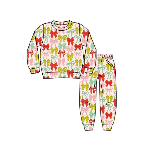 9.10 GLP2804 Baby Girls Green Red Bows Top Pockets Jogger Pant Christmas Clothes Sets Preorder