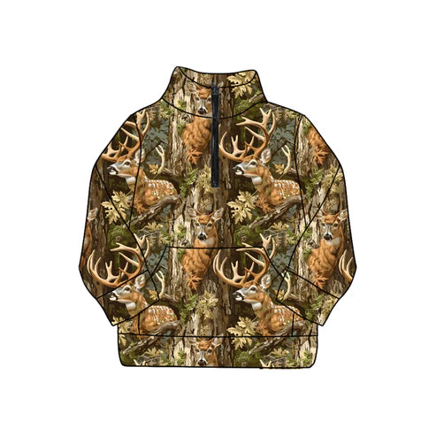 9.12 GT1213 Adult Women Western Bottomland Deer Pocket Zipper Yoga Pullover Tops