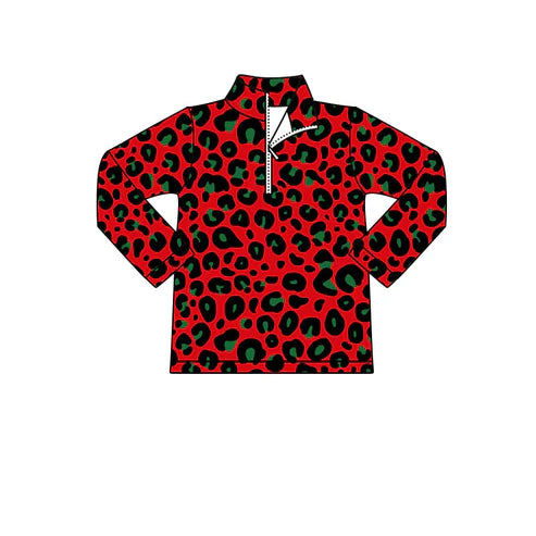 9.12  GT1215 Baby Boys Long Sleeve Red Green Leopard Christmas Zipper Pullovers Top Preorder