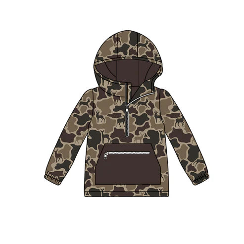 9.12 BT1348 Baby Boys Brown Deer Camo Pocket Zipper Western Hoodie Top Preorder