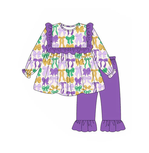 9.12 GLP2822 Baby Girls Mardi Gras Bows Tunic Ruffle Pants Clothes Sets Preorder