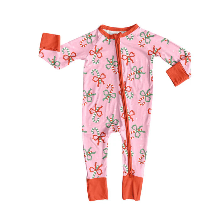 9.11  LR2634 Baby Girls Long Sleeve Candy Cane Bows Christmas Zipper Footie Rompers Preorder