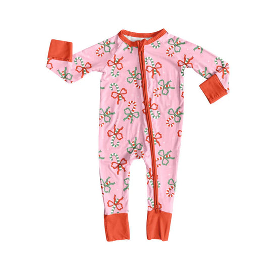 9.11 LR2634 Baby Girls Long Sleeve Candy Cane Bows Christmas Zipper Footie Rompers Preorder