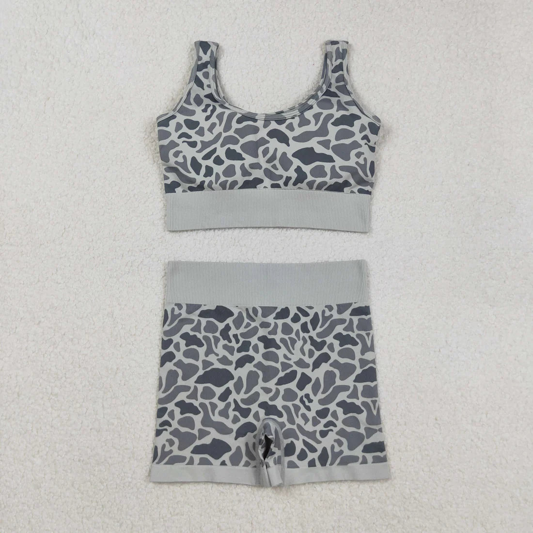 9.13 GT1186+SS0643 Adult Women Grey Camo Crop Bra Top Shorts Yoga Outfits Set