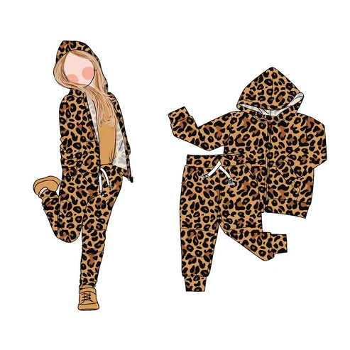 9.11    GLP2793 Baby Girls Brown Leopard Zipper Pockets Hoodie Jogger Pant Clothes Sets Preorder