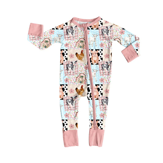 9.11 LR2630 Baby Girls Long Sleeve Pigs Chicks Farm Zipper Footie Rompers Preorder