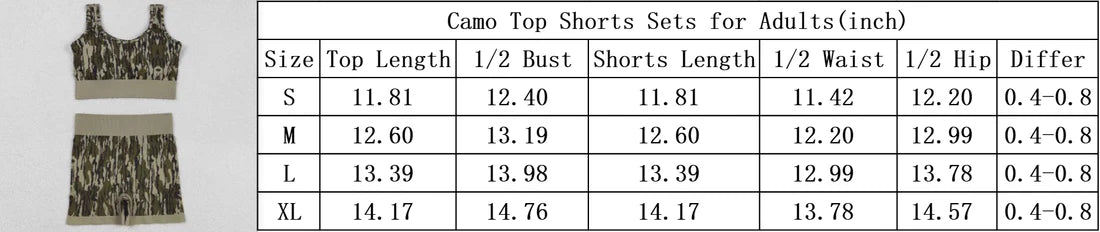 9.13 GT1187+SS0642 Adult Women Bottomland Camo Crop Bra Top Shorts Yoga Outfits Set
