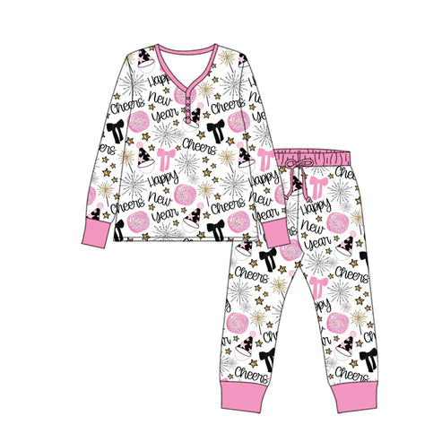 9.11 GLP2817 Adult Women Pink Bows Balls Happy New Year Top Pant Pajamas Sets Preorder