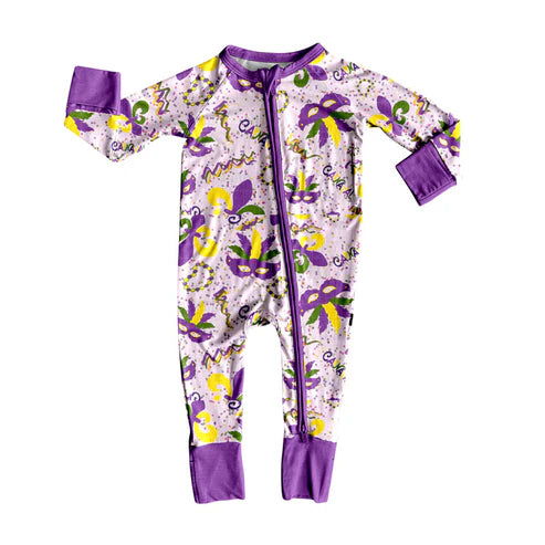 9.12 LR2643 Baby Girls Mardi Gras Masks Anchors Zipper Footie Rompers Preorder