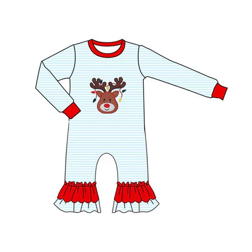 9.12 LR2641 Baby Girls Blue Stripe Deer Lights Christmas Ruffle Footie Rompers Preorder