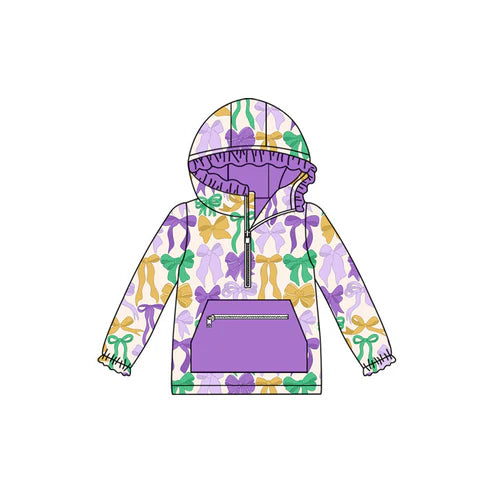9.12 GT1222 Baby Girls Mardi Gras Bows Pocket Zipper Ruffle Hoodies Top Preorder