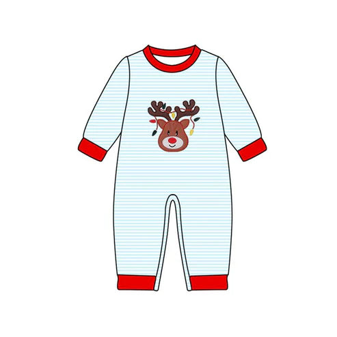 9.12 LR2640 Baby Boys Blue Stripe Deer Lights Christmas Footie Rompers Preorder