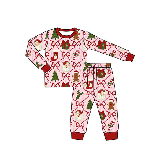 9.11  GLP2807 Baby Girls Red Bows Santa Gifts Plaid Top Pant Christmas Pajamas Sets Preorder