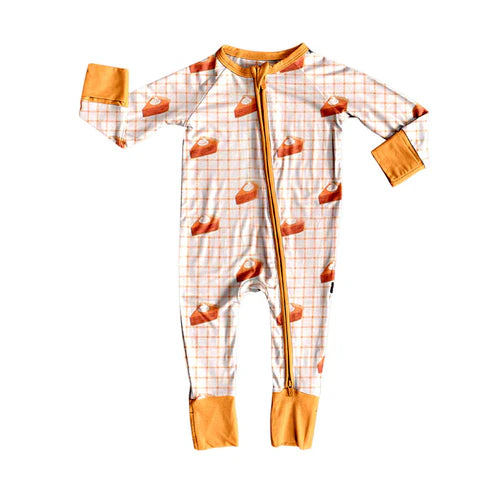 9.12 LR2639 Baby Boys Orange Checked Pie Thanksgiving Zipper Footie Rompers Preorder