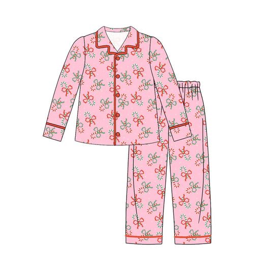 9.11 GLP2814 Adult Women Candy Cane Bows Button Top Pant Christmas Pajamas Sets Preorder