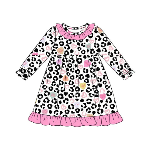 9.12 GLD1290 Baby Girls Pink Black Leopard Hearts Valentine Ruffle Knee Length Dresses Preorder