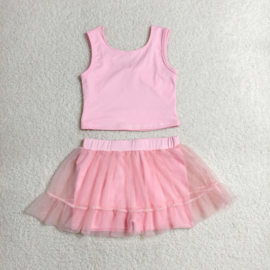 GSD3806 Kids Baby Girls Pink Sleeveless Vests Tassel Skirt Short Yoga Active Clothes Set