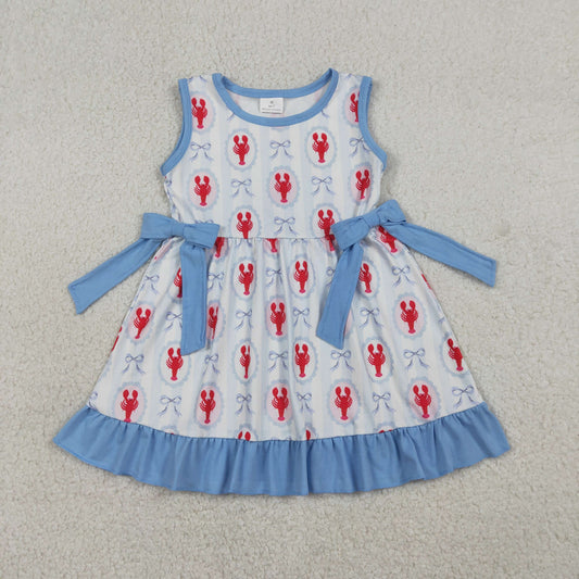 RTS NO MOQ(In Stock) GSD3448 Blue striped sleeveless dress with lobster and bow pattern