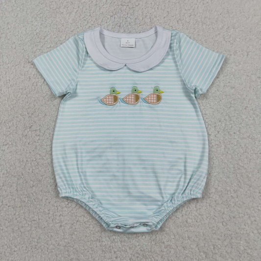 SR4081 Newborn Embroidery Ducks Baby Boys Short Sleeve Collar Hunting Stripe Rompers