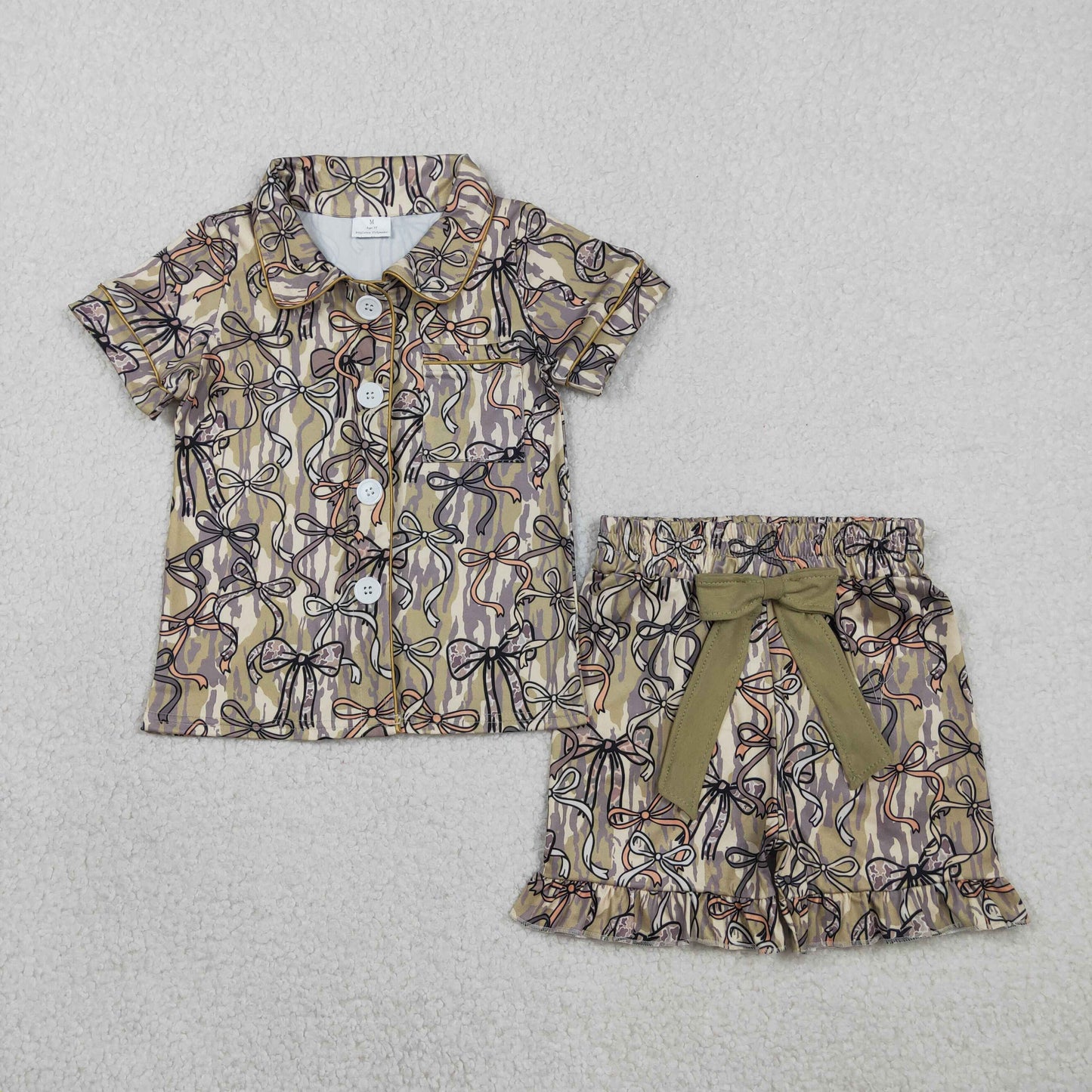 GSSO3126 Kids Baby Girl Southern Olive Camo Bows Button Pocket Top Ruffle Shorts Pajamas Sets