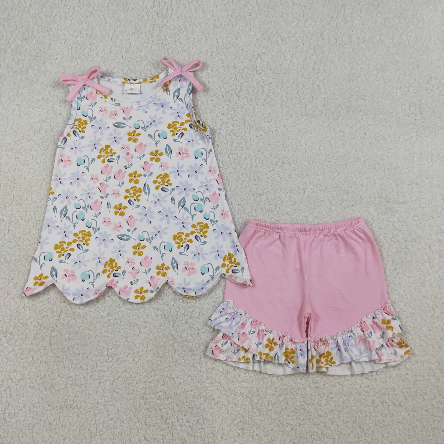 GSSO3392 Kids Baby Girl Colorful Flowers Scallop Tunic Ruffle Shorts Clothes Set