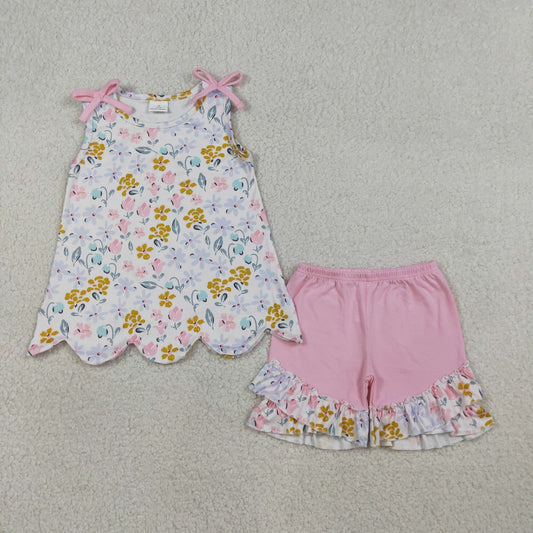 GSSO3392 Kids Baby Girl Colorful Flowers Scallop Tunic Ruffle Shorts Clothes Set