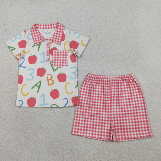 BSSO1913 Kids Baby Boys Apples ABC Pocket Button Top Checked Shorts Back to School Sets