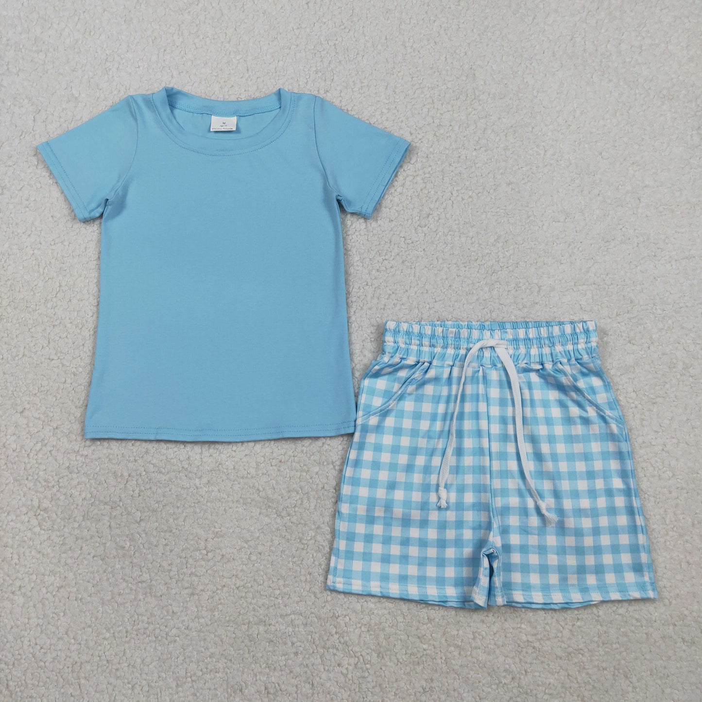 BSSO1883 Kids Baby Boy Blue Short Sleeve Top Checked Pockets Shorts Clothes Sets