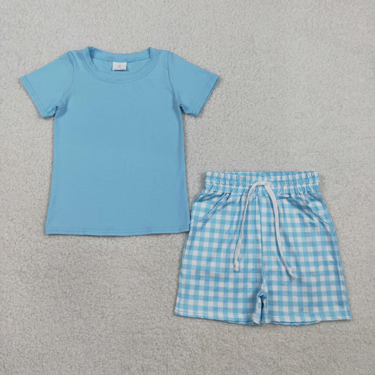 BSSO1883 Kids Baby Boy Blue Short Sleeve Top Checked Pockets Shorts Clothes Sets