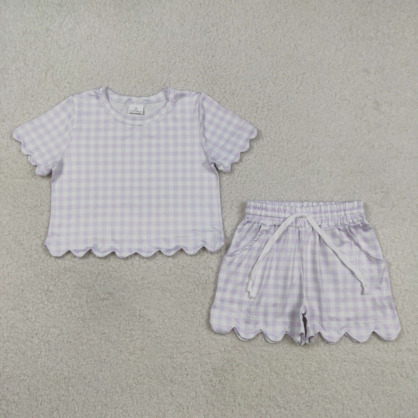 GSSO3181 Kids Baby Girl Lavender Checked Shirts Top Scallop Shorts Clothes