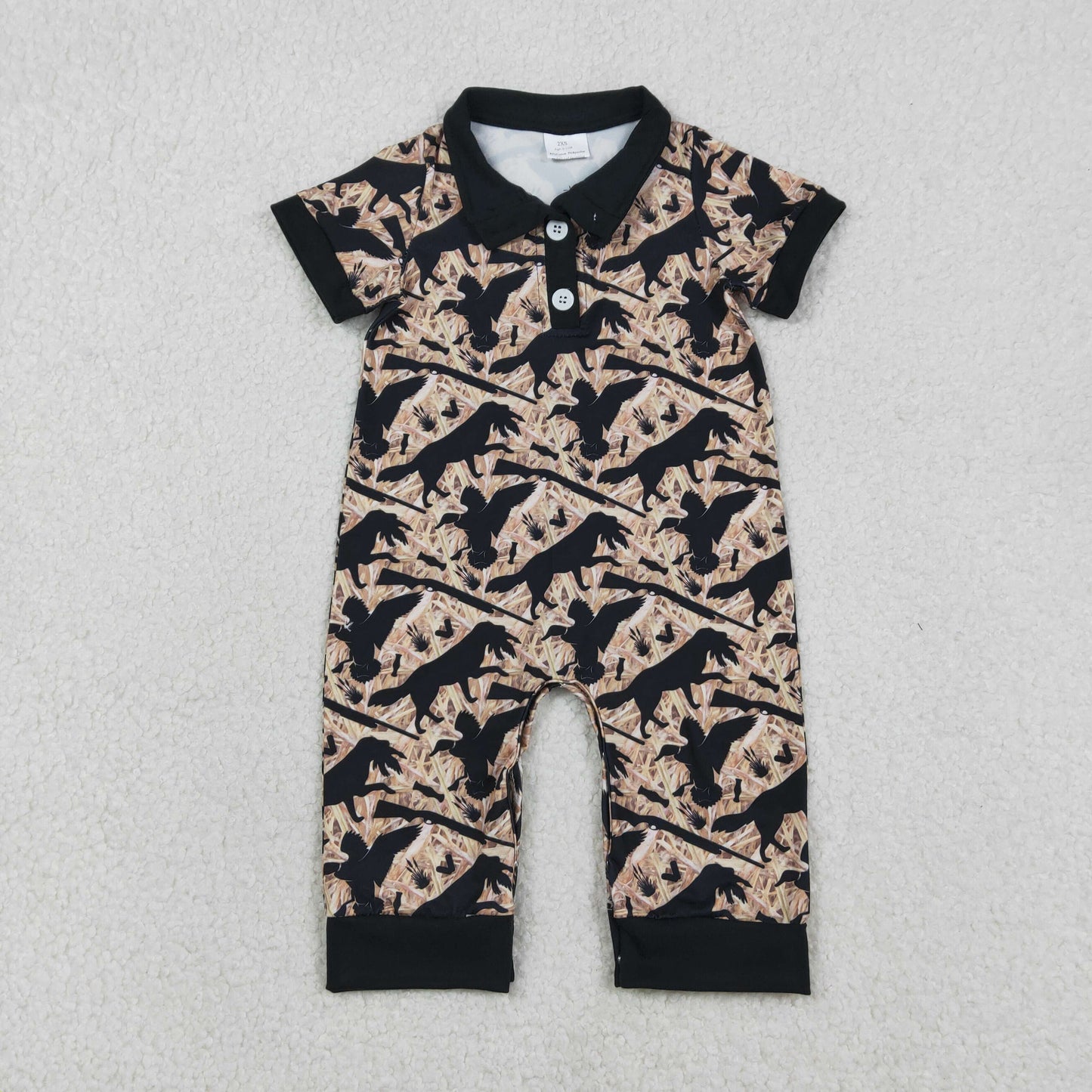 RTS NO MOQ（In Stock) SR3637 Duck Puppy Branch and Leaf Button Collar Short-Sleeved Jumpsuit