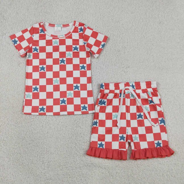GSSO3293 Kids Baby Girls Red Checked Stars Top Pockets Ruffle Shorts 4th of July Clothes Sets