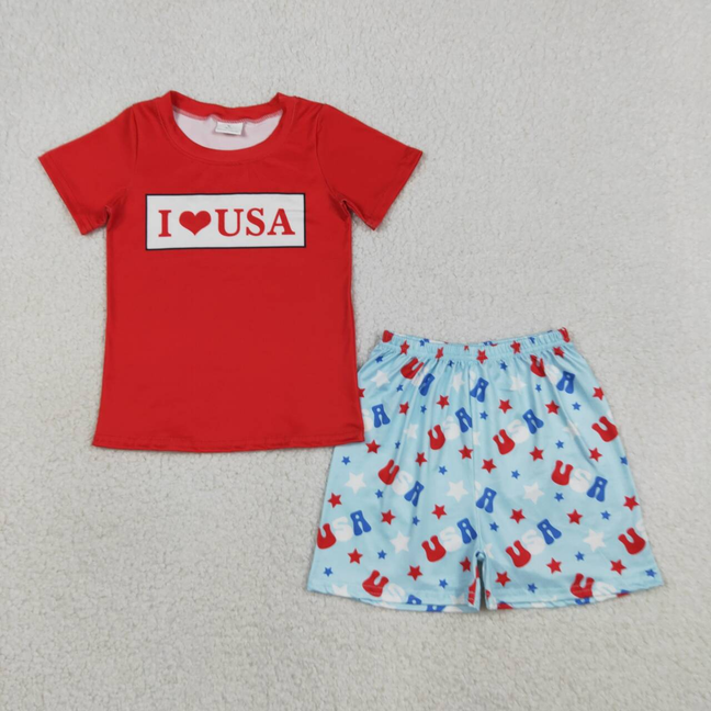 BSSO2011 Kids Baby Boys I Love USA Shirt Top Stars Short 4th of July Clothes Set