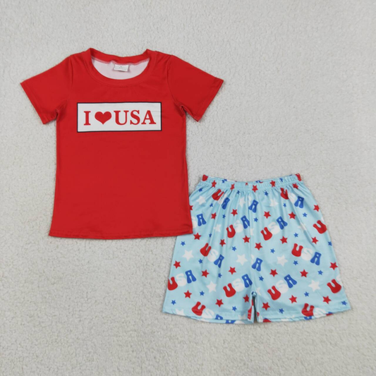 BSSO2011 Kids Baby Boys I Love USA Shirt Top Stars Short 4th of July Clothes Set