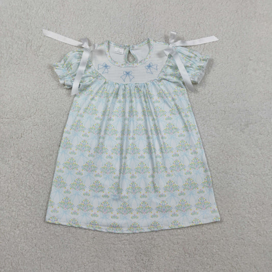 GSD3046 Kids Baby Girl Smocked Bows Flowers Short Ruffle Sleeve Knee Length Dresses