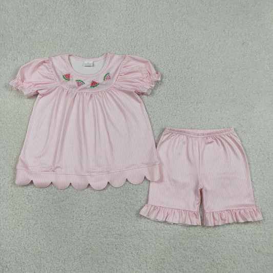 GSSO3239 Kids Embroidery Watermelons Baby Girls Pink Stripe Scallop Tunic Ruffle Shorts Clothes Sets