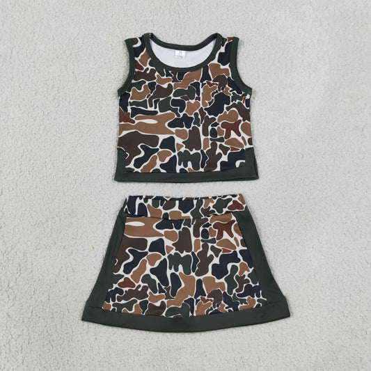 GSD4233 Kids Baby Girls Southern Dark Brown Camo Vest Top Skirt Short Yoga Active Clothes Sets