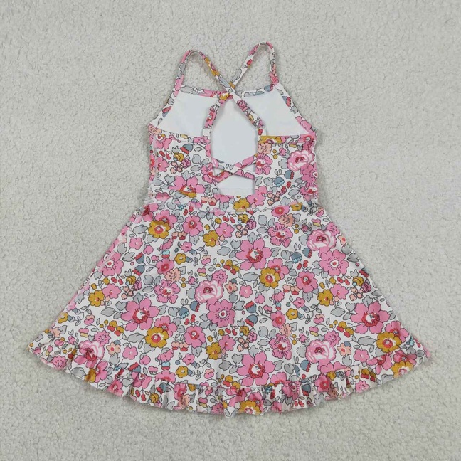 GSD2278 Kids Baby Girls Pink Strap Colorful Floral Yoga Active Ruffle Knee Length Dresses