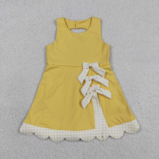 GSD3318 Kids Baby Girls Yellow Sleeveless Yoga Ruffle Shorts Bows Scallop Knee Length Dresses