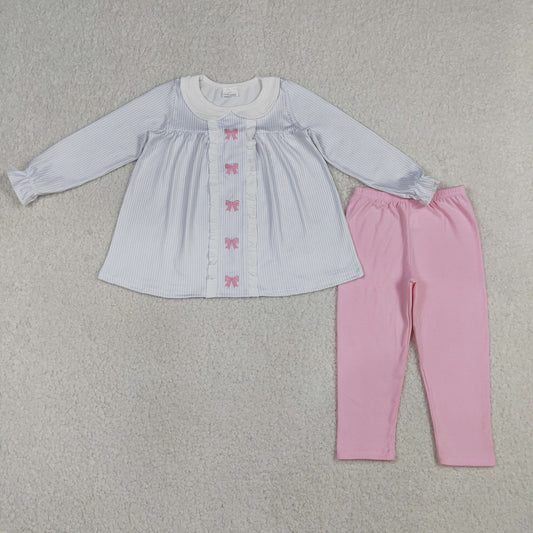 GLP2909 Kids Embroidery Bows Baby Girls Stripe Collar Tunic Leggings Clothes Sets