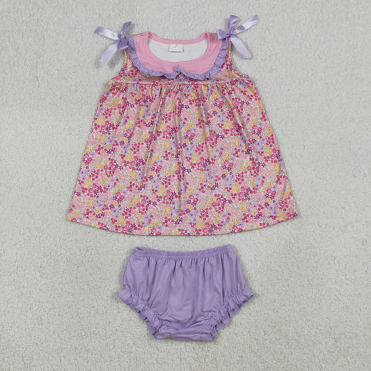 GBO0507 Kids Baby Girls Sleeveless Flowers Collar Tunic Bummies Clothes Sets