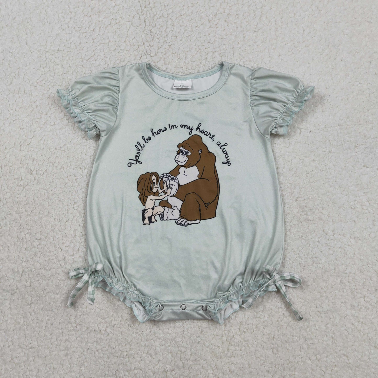 RTS NO MOQ（In Stock) SR3589 You'll be here in my heart, always a blue short-sleeved jumpsuit with a gorilla bow.