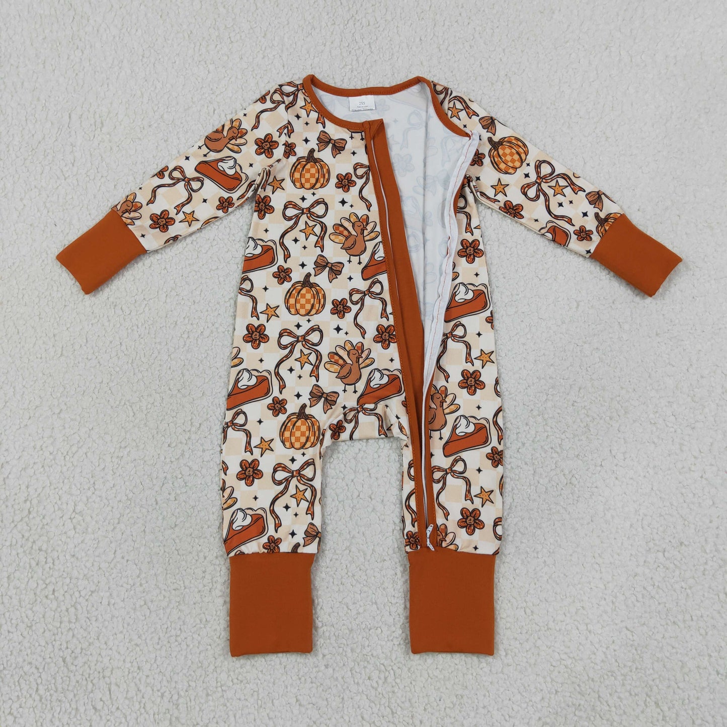 LR3119 Newborn Baby Girls Turkey Pumpkins Bows Thanksgiving Two Way Zip Convertible Rompers