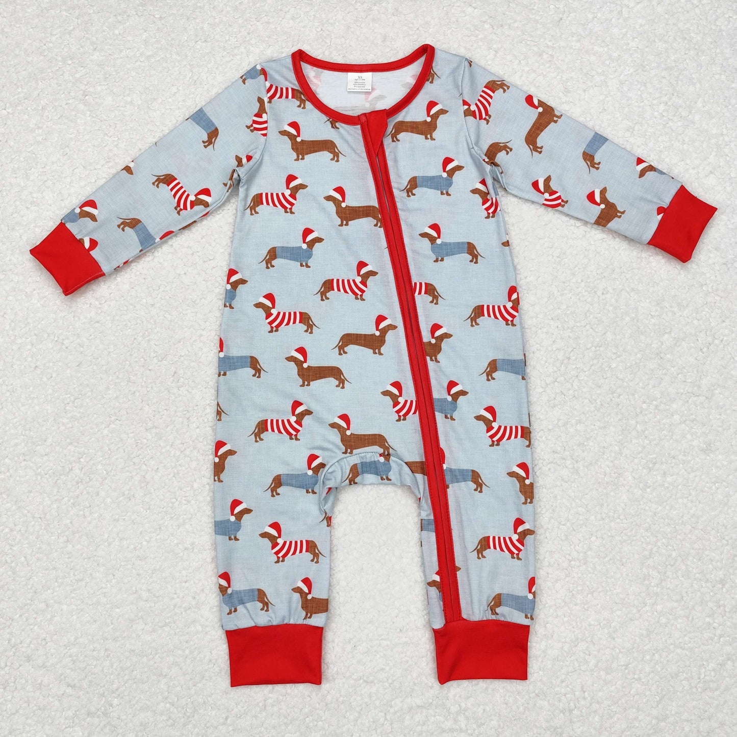 LR1082 Baby Infant Boys Christmas Dachshund Dogs Zip Romper