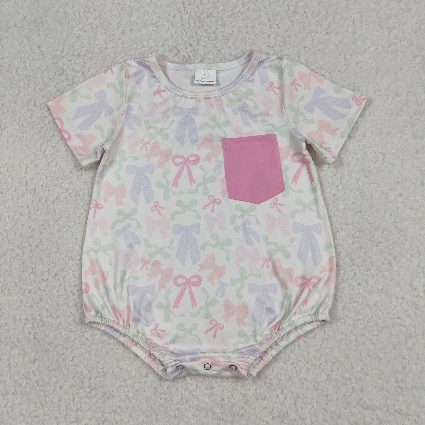 RTS NO MOQ（In Stock) SR3731 Beige Short-Sleeve Jumpsuit with Colorful Bow Pattern in Pocket