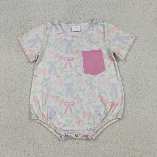 RTS NO MOQ(In Stock) SR3731 Beige Short-Sleeve Jumpsuit with Colorful Bow Pattern in Pocket