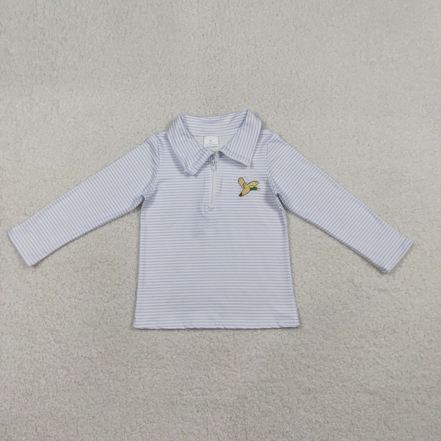RTS NO MOQ（In Stock) BT1638 Embroidered Duck Light Blue Striped Zipper Long-Sleeve Top