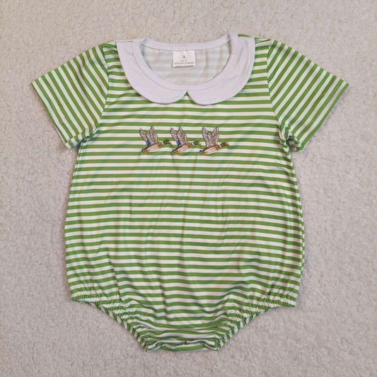 SR4083 Newborn Embroidery Ducks Baby Boys Green Stripe Hunting Collar Rompers